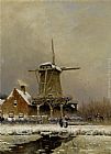 Figures by a windmill in a snow covered landscape by Louis Apol